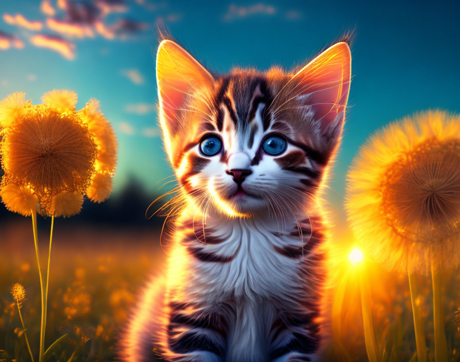 Small Striped Kitten Among Yellow Dandelions at Sunset