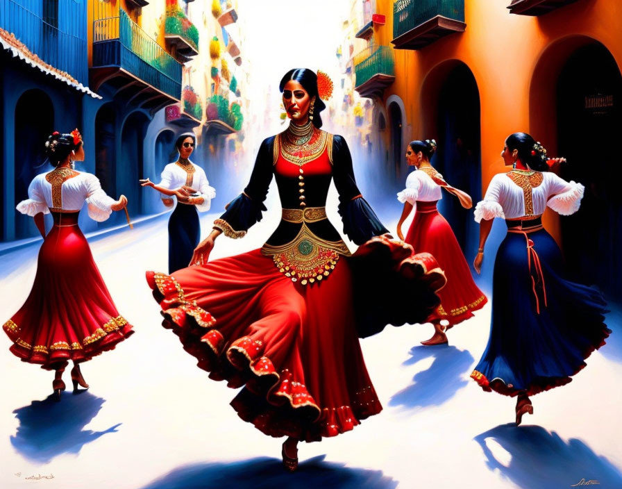 Colorful painting of women dancing in traditional dresses on sunlit street