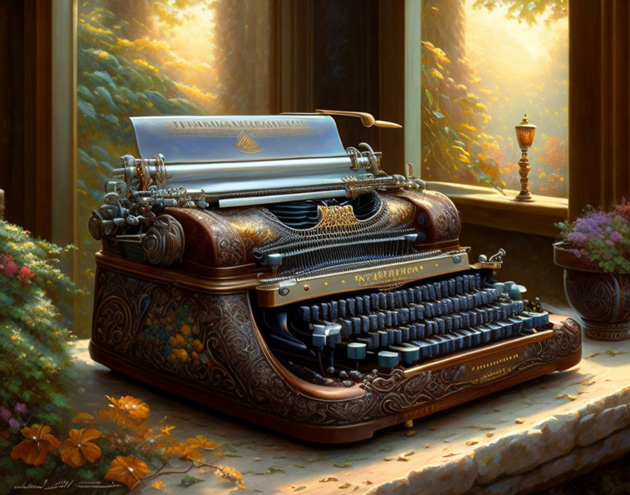 Vintage typewriter by sunlit forest window