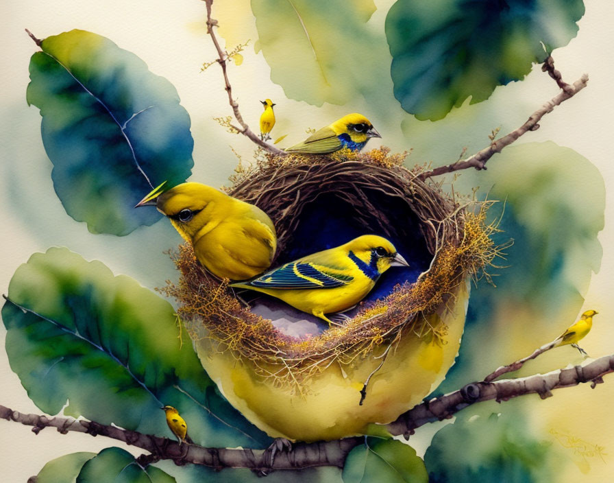 Three Yellow Birds in Watercolor Painting with Nest and Branches