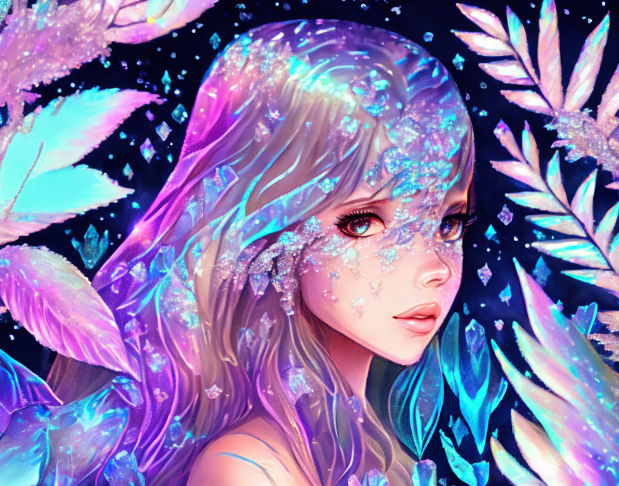 Translucent, Sparkling Hair Girl in Blue and Purple with Neon Foliage