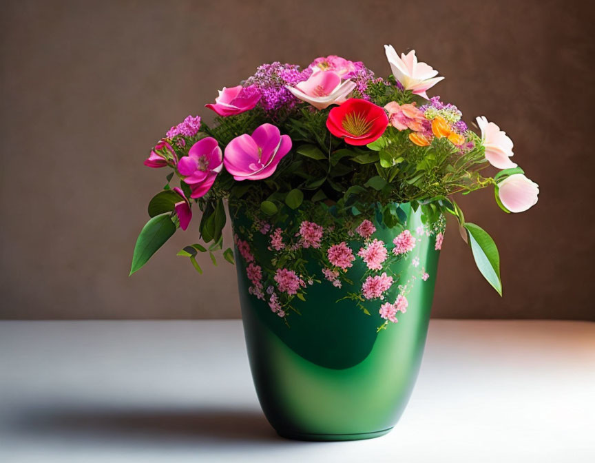 Colorful Mixed Flower Bouquet in Green Vase on Table with Gradient Background