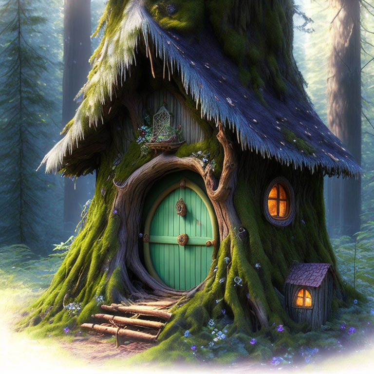 Illustration of a whimsical tree house in a sunlit forest