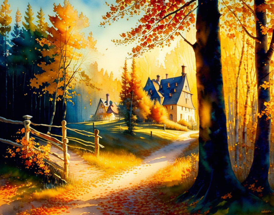 Serene autumnal scene with vibrant watercolor painting