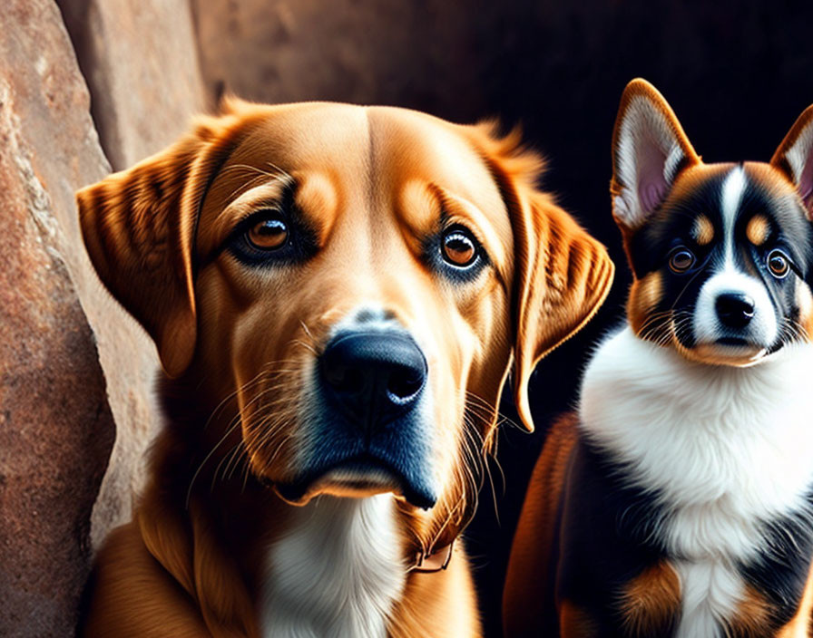 Two dogs, one tan with soulful eyes, and one black and tan, gaze attentively.