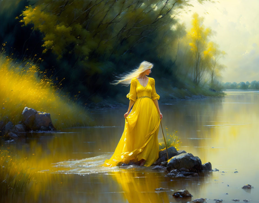 Woman in Yellow Dress by Tranquil River and Golden Foliage