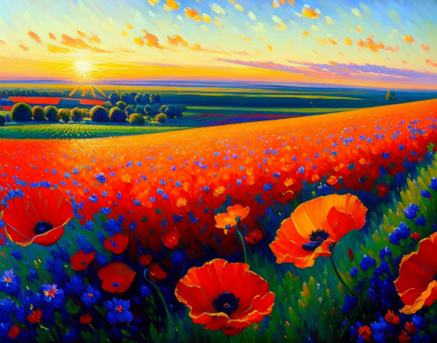 Colorful Poppy Field Sunset Painting with Red, Orange, and Blue Hues