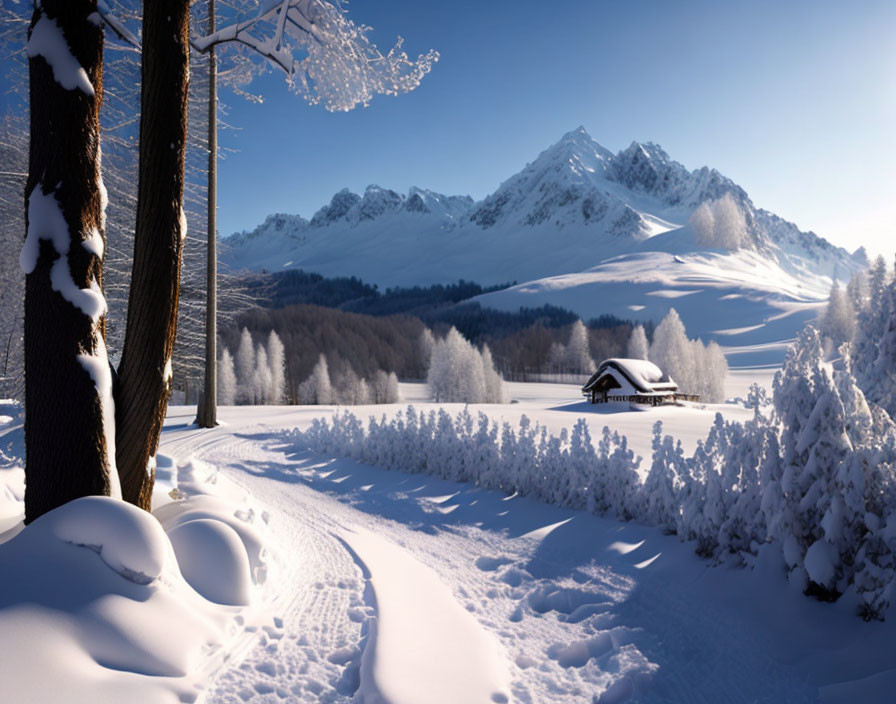 Snowy Winter Landscape: Cabin, Trees, Mountain