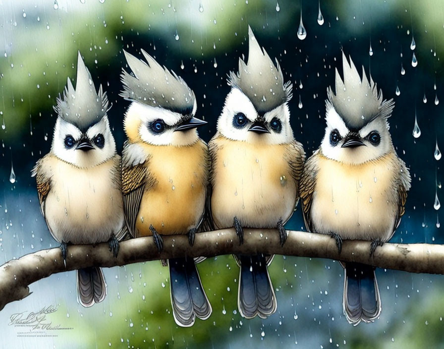 Stylized cartoonish birds with crests on branch in rain