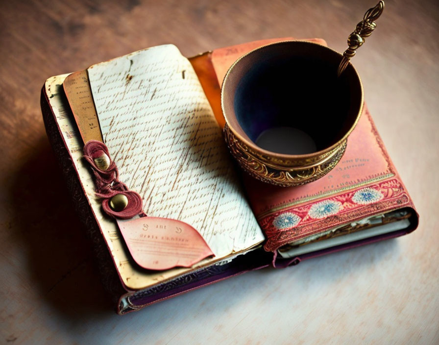 Vintage Journal with Handwritten Notes and Brass Cup on Wooden Surface