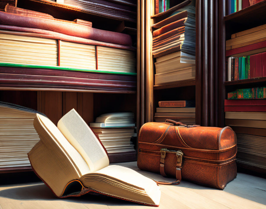 Cozy reading nook with books, open book, and vintage briefcase