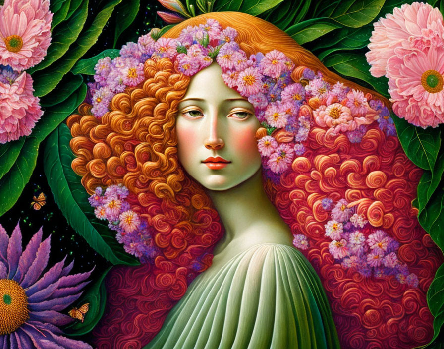 Whimsical painting of woman with red hair and floral adornments