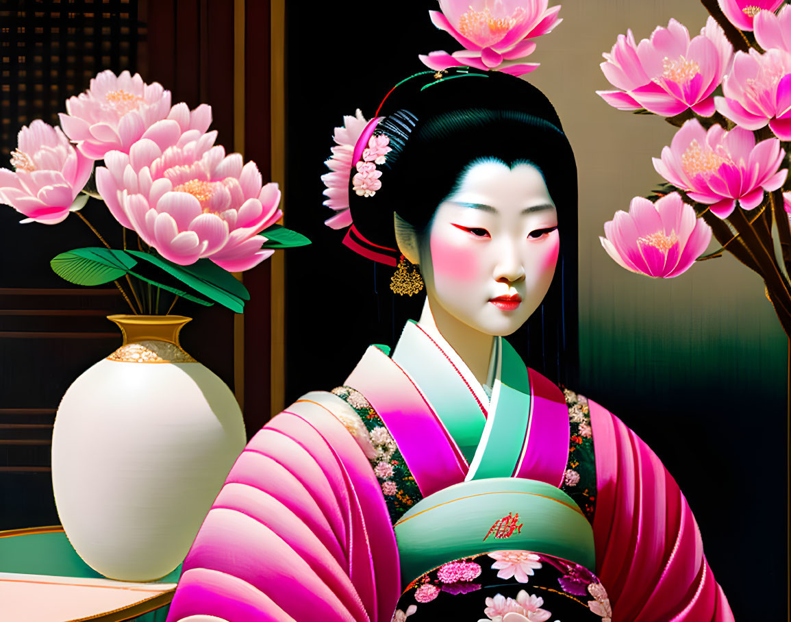 Colorful Geisha Illustration with Vase and Pink Flowers