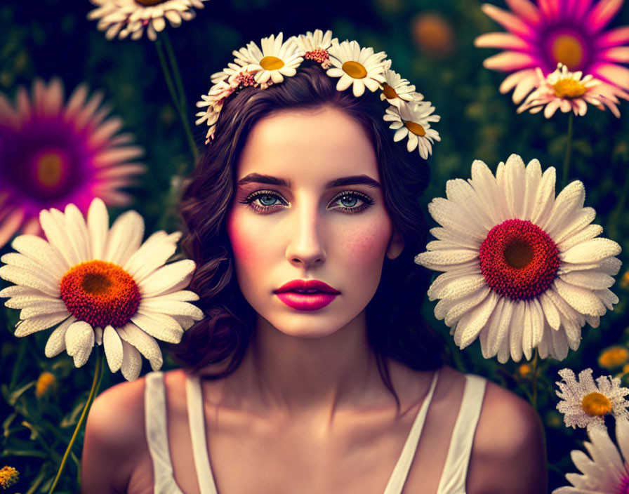 Woman with Floral Crown Surrounded by Vibrant Flowers