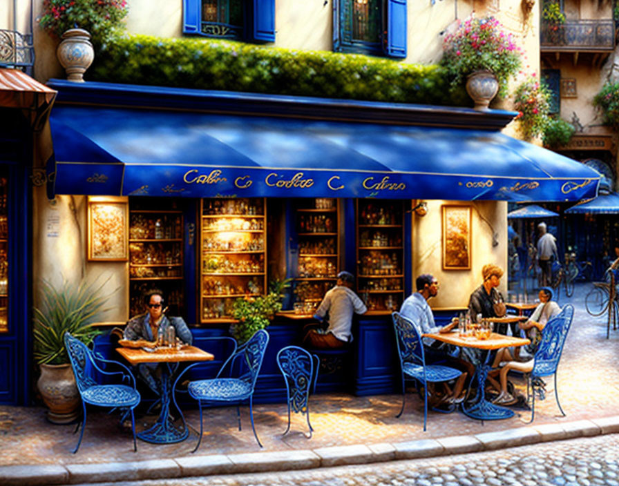 European Street Cafe with Blue Awnings and Outdoor Dining Tables