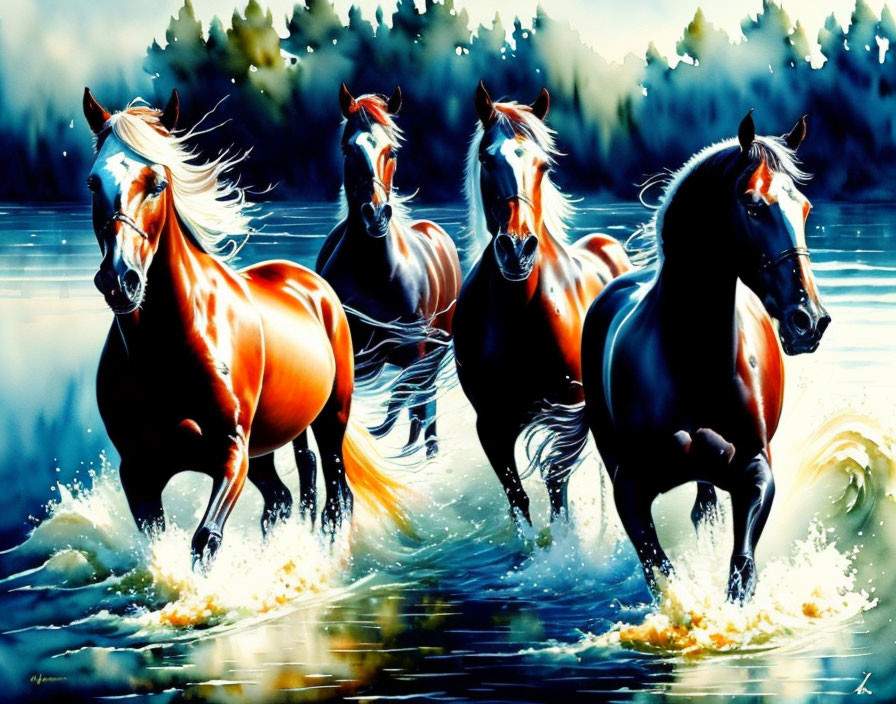 Three galloping horses in water with splashes, surrounded by trees and blue tones