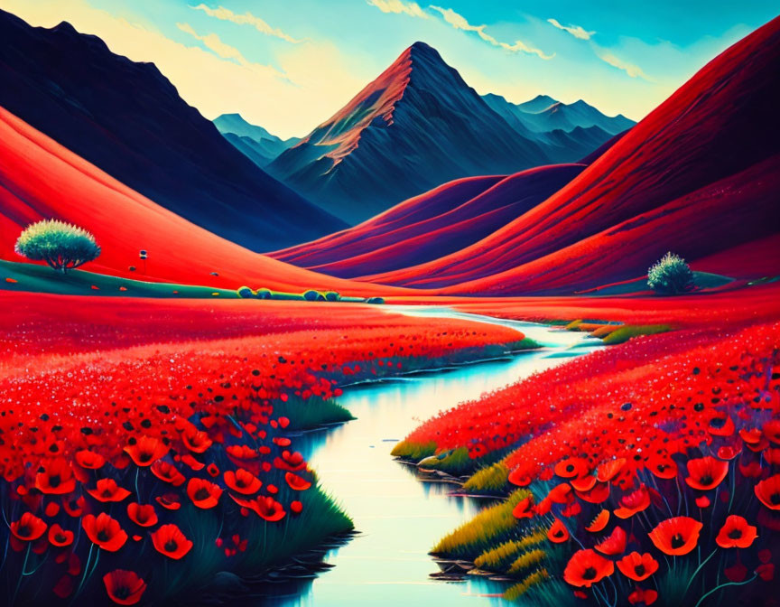 Scenic landscape with river, poppy fields, trees, mountains