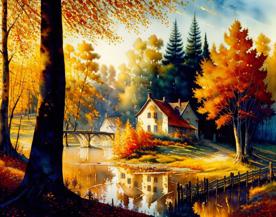 Autumn Cottage by Pond Surrounded by Fall Foliage