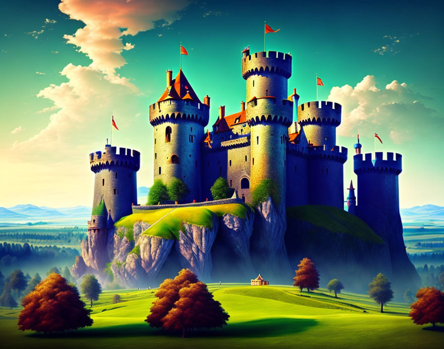 Fantasy castle with multiple towers on cliff at sunrise.