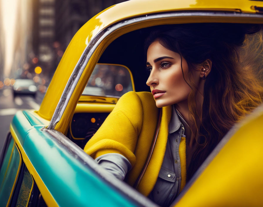 Dark-haired woman in yellow coat exiting taxi on city street