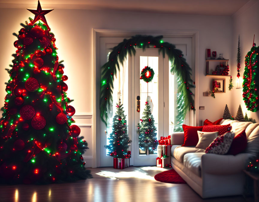 Festive Christmas living room with tree, wreath, stockings, presents, and sofa