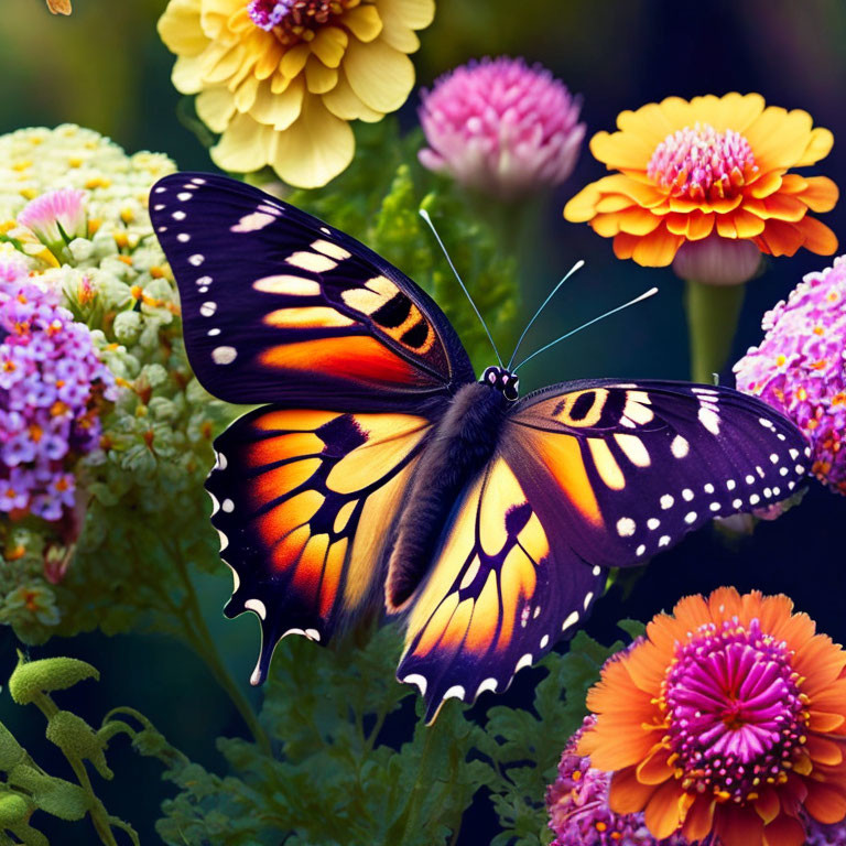 Colorful Butterfly with Orange and Black Wings on Flowers