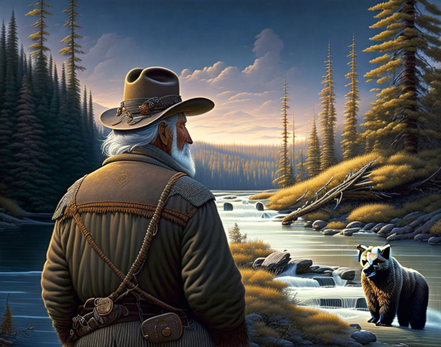 Elderly man with beard and hat by river with bear and waterfall