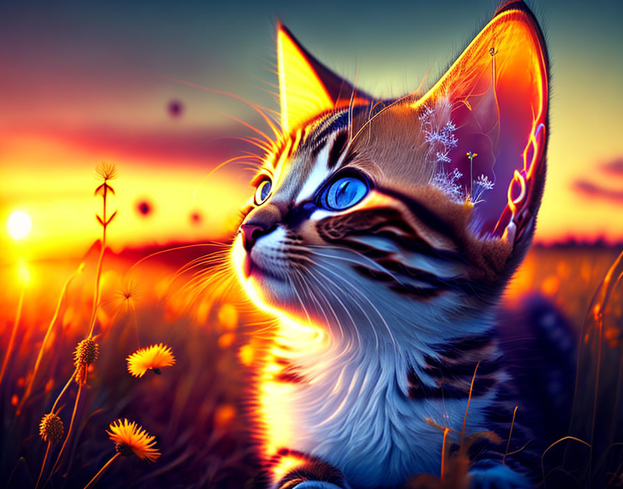 Vibrant cat digital artwork with glowing edges and blue eyes in colorful sunset-lit field.