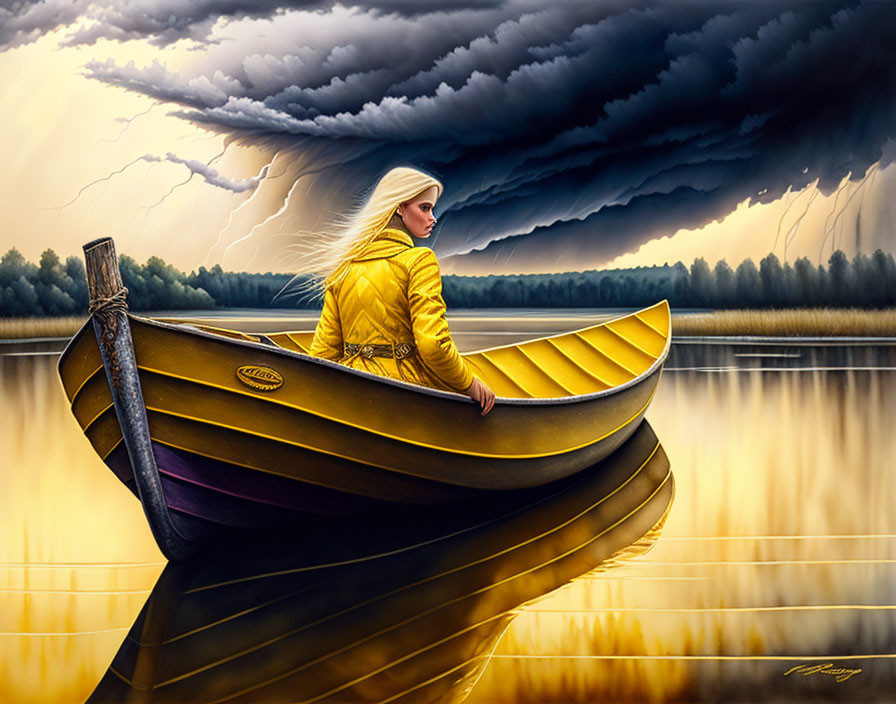 Woman in Yellow Jacket Contemplating in Canoe Amid Stormy Sky