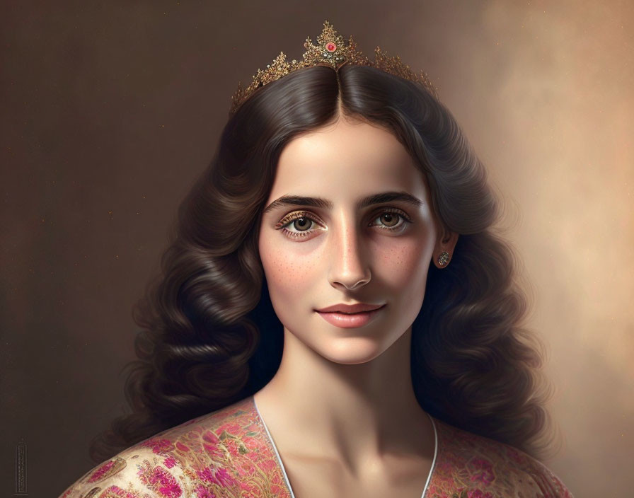 Smiling woman with long wavy hair in crown and ornate dress