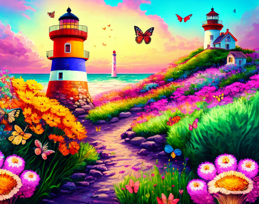 Seaside landscape with lighthouses, flower path, butterflies, sunset sky