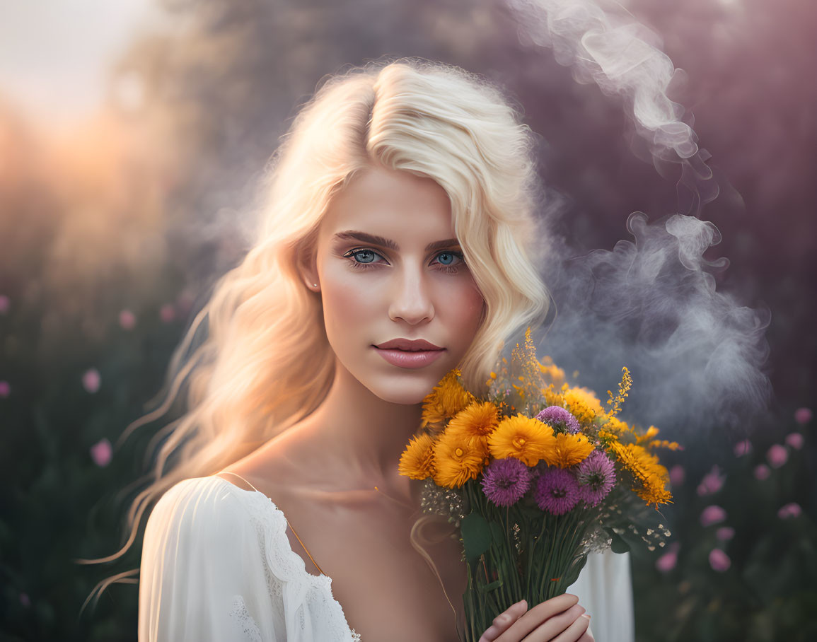 Blonde Woman with Blue Eyes Holding Yellow Flower Bouquet