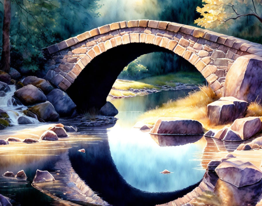 Tranquil stream with arched stone bridge and lush surroundings