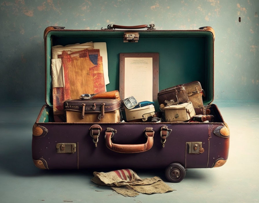 Vintage suitcase with clothing, books, camera, and trunks - travel theme.