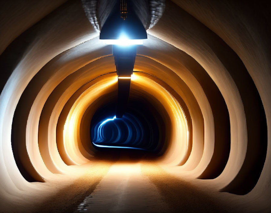 Brightly Lit Tunnel with Wavy Blue Light Pattern