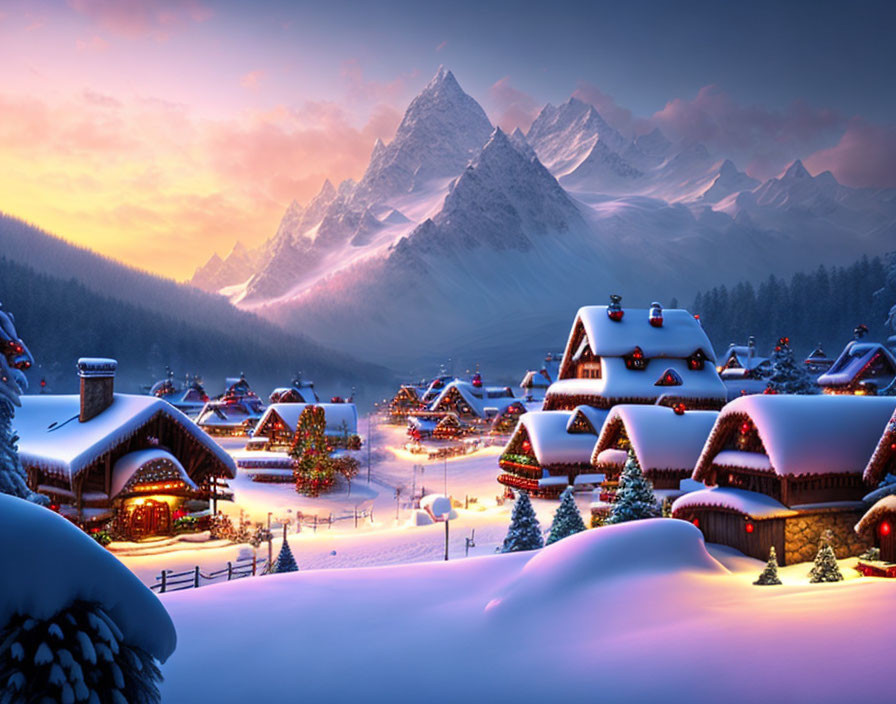 Snow-covered winter village scene at dusk with Christmas lights, mountains, pink sky