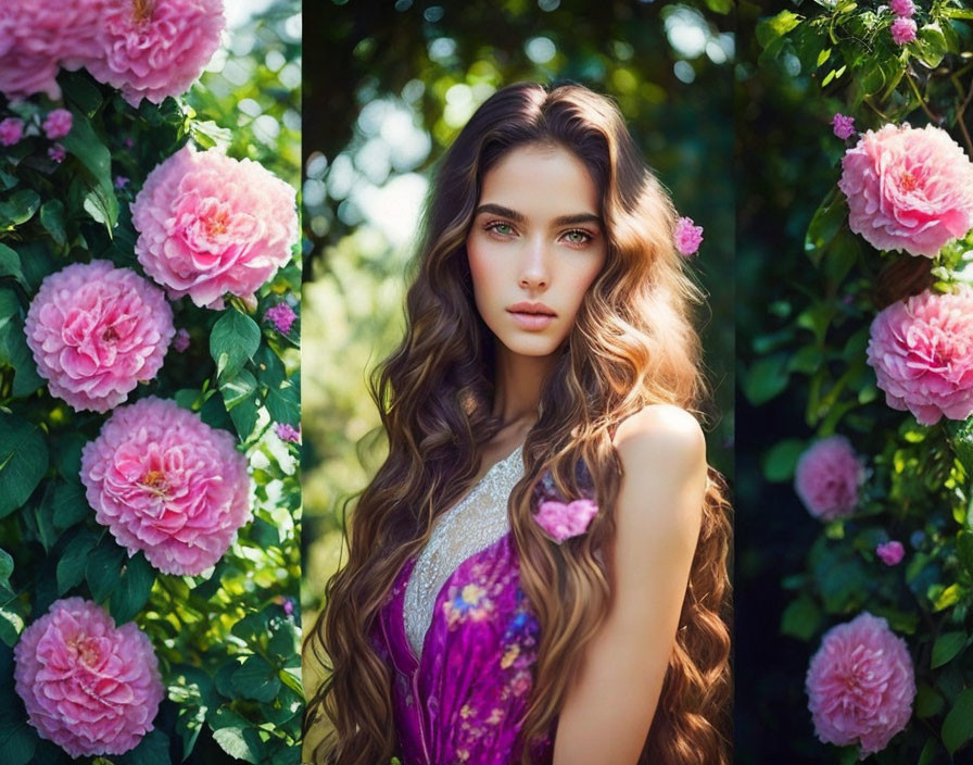 Woman with flowing hair among pink roses in sunlit garden