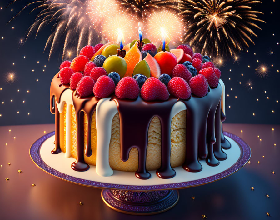 Birthday cake with chocolate glaze, fruits, lit candles, fireworks on night sky