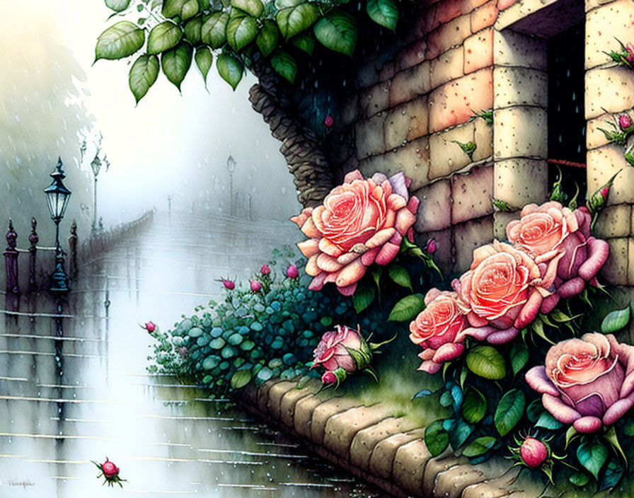 Digital painting of pink roses by misty cobblestone path