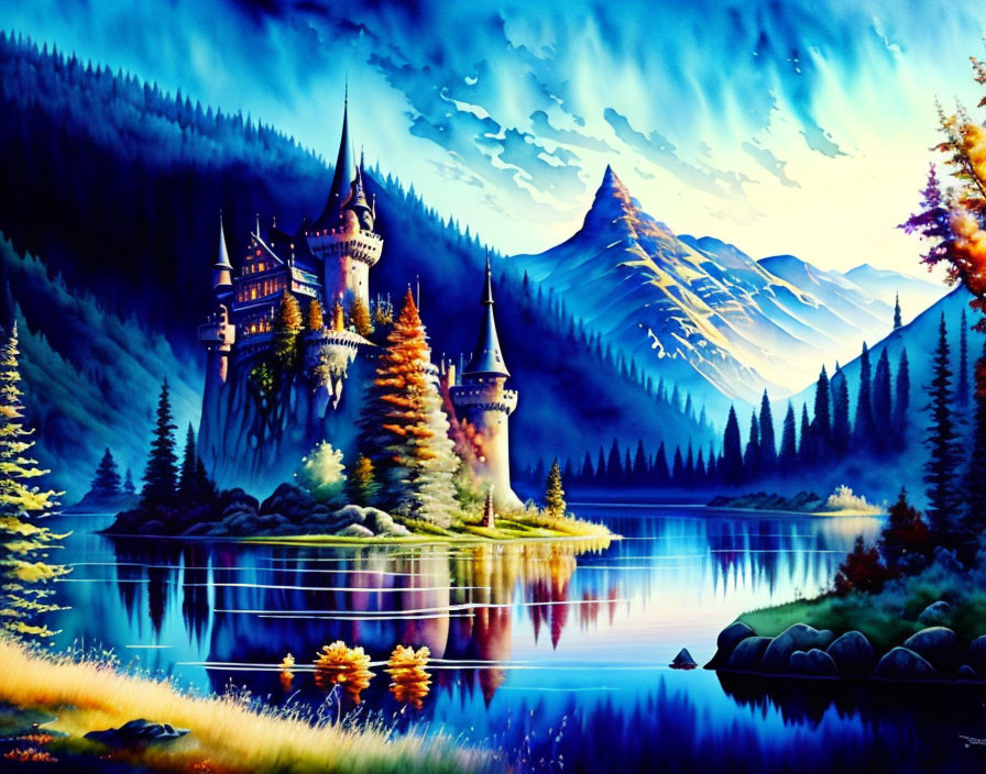 Fantasy castle painting lakeside with pine trees and mountains