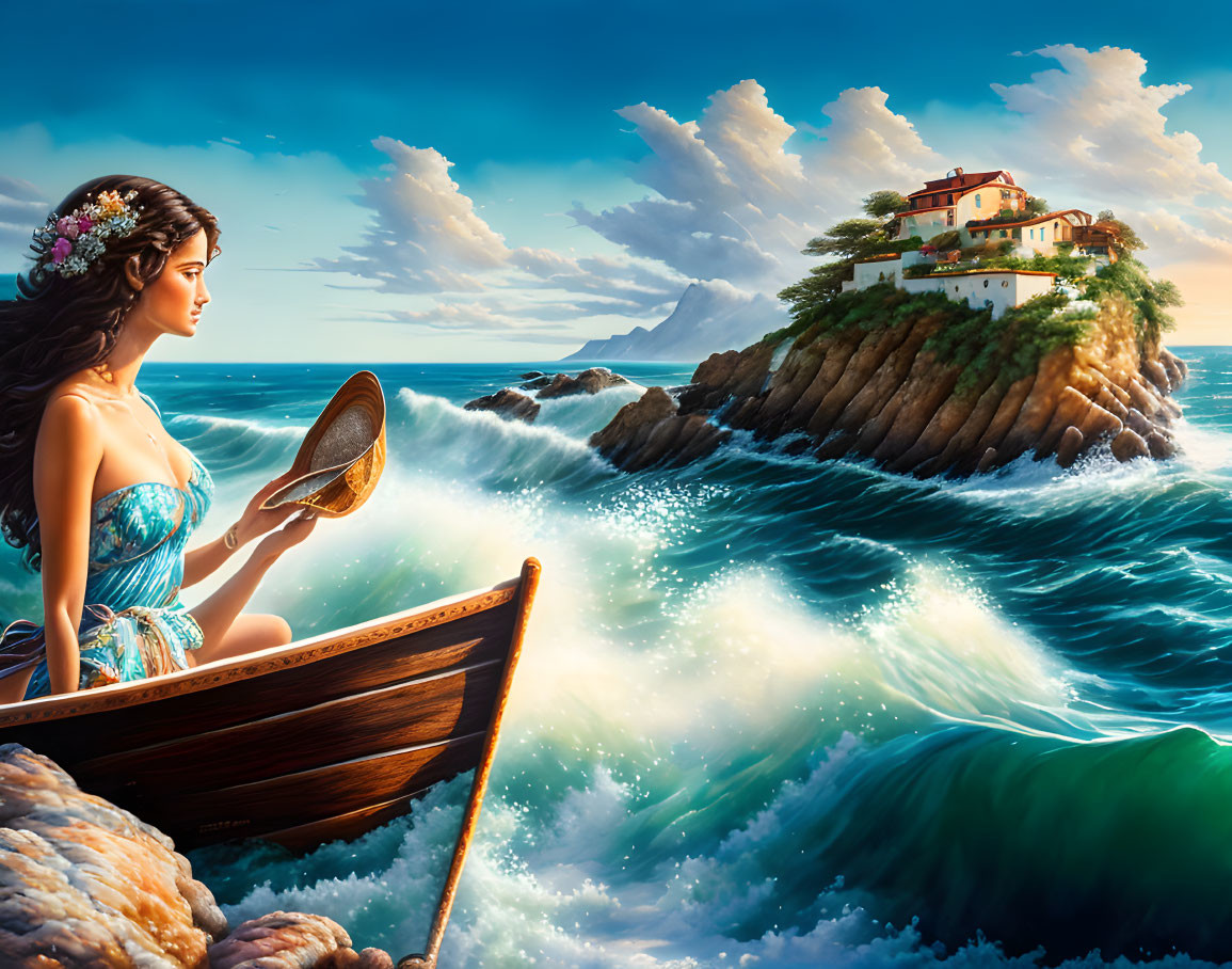 Woman in boat admiring seaside villa on cliff with crashing waves, under blue sky.