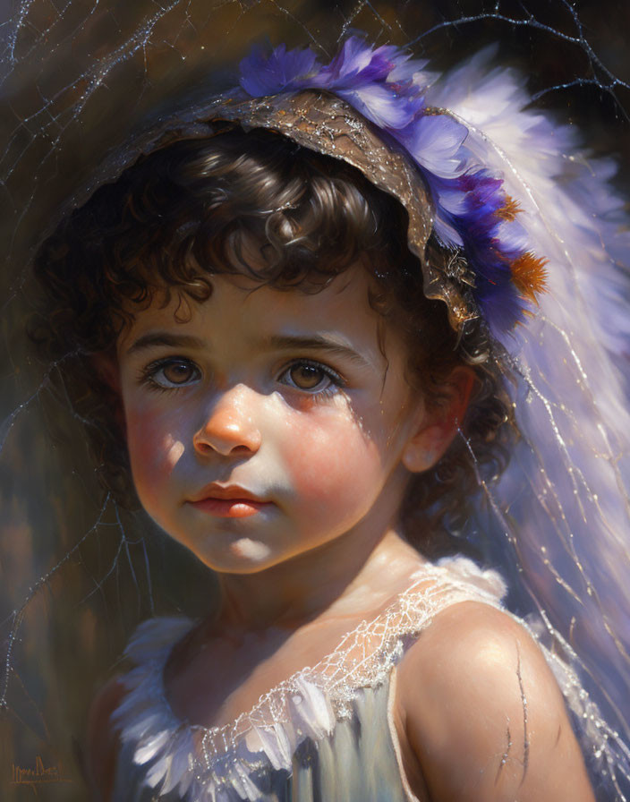 Portrait of a Young Child with Curly Hair and Feathers Headband