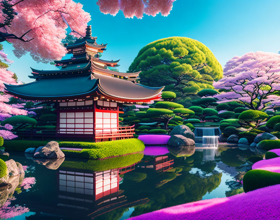 Japanese Garden with Cherry Blossoms, Red Pagoda, Manicured Greenery, Pond & Water