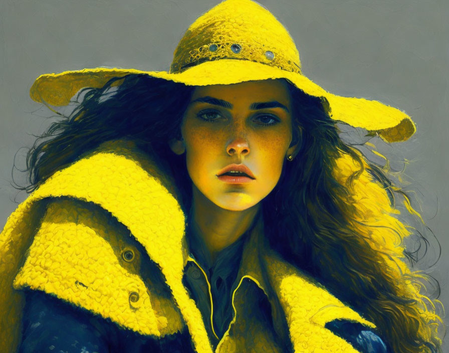 Brown-haired woman in yellow hat and coat with freckles gazes intensely.