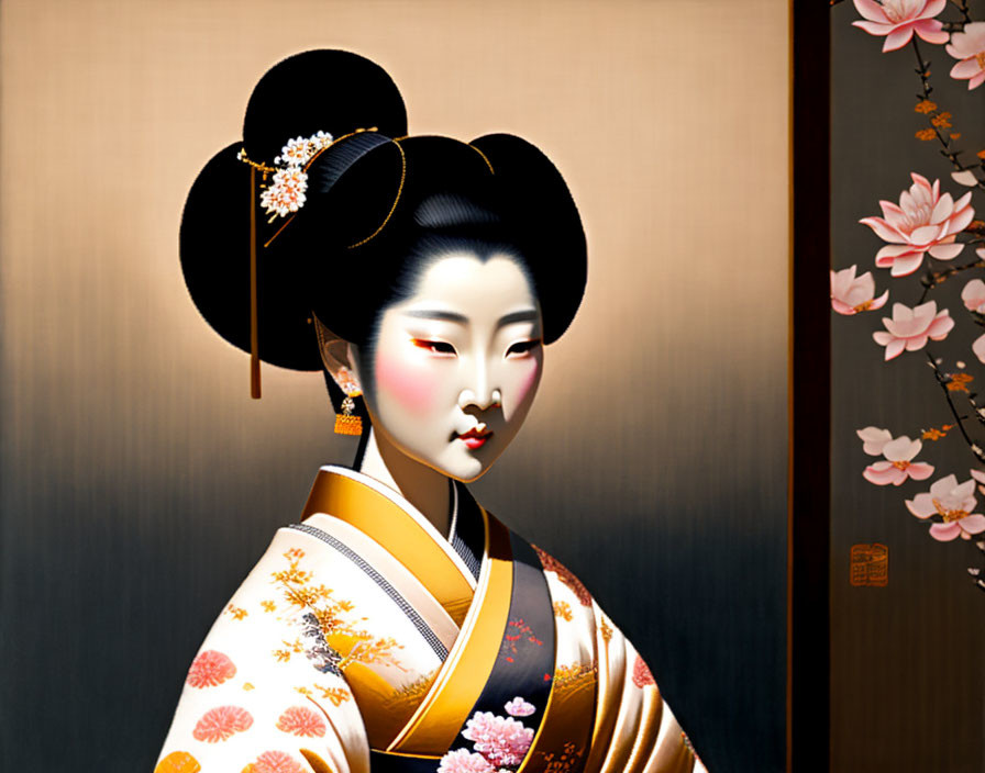 Traditional Geisha Portrait with Elaborate Hairstyle and Kimono