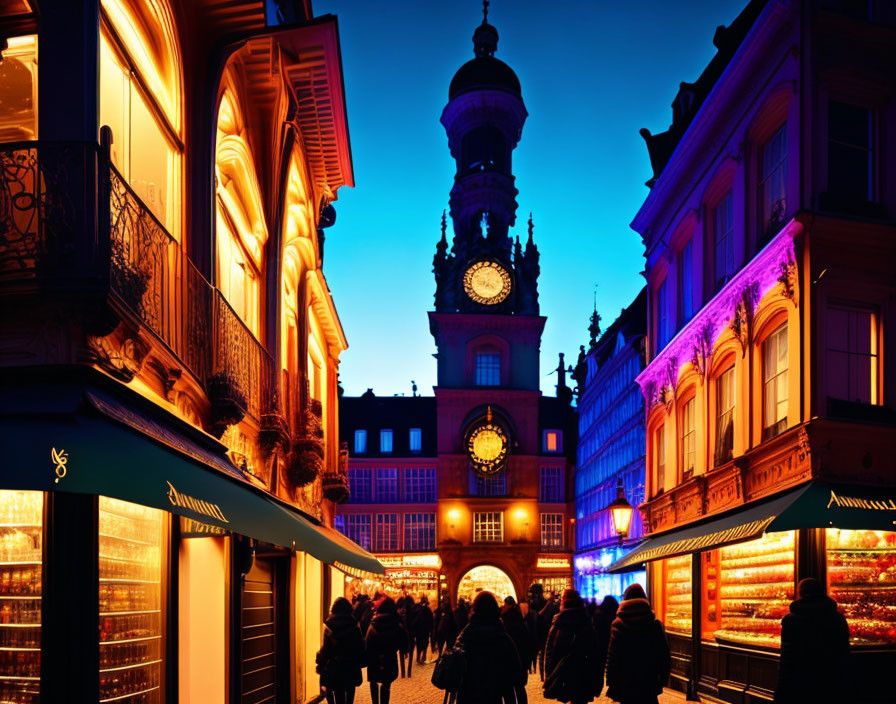 Twilight street scene with illuminated shop fronts and clock tower against deep blue sky