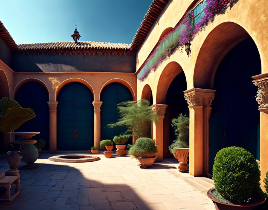 Tranquil courtyard with arched teal wooden doors and plants