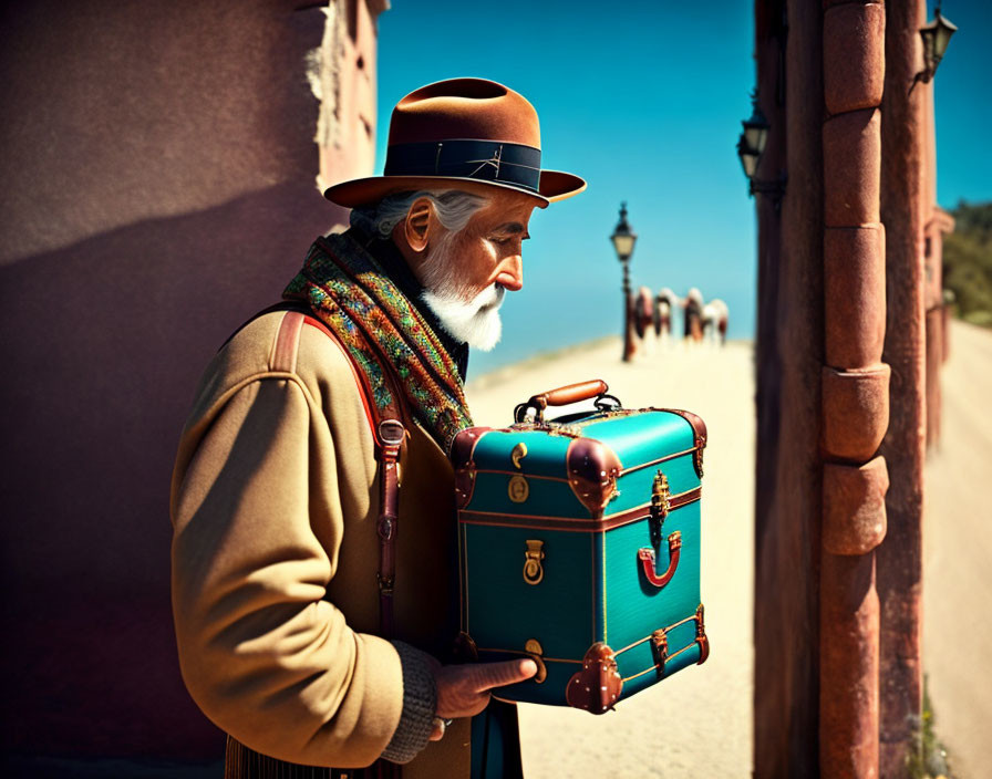 Elderly man with white beard holding colorful suitcase on sunny sandy path