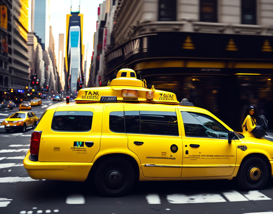 Vibrant city street scene with focused yellow taxi amidst blurred pedestrians and vehicles