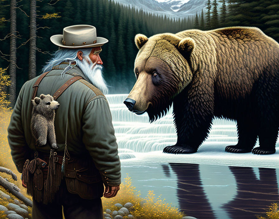 Elderly Man with Bear in Forest Waterfall Scene